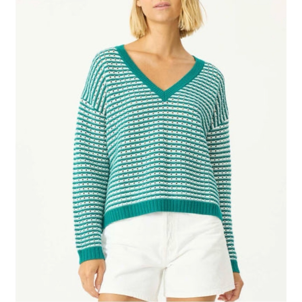 Stitches & Stripes Green and White V-Neck Sweater Size S-M NWT